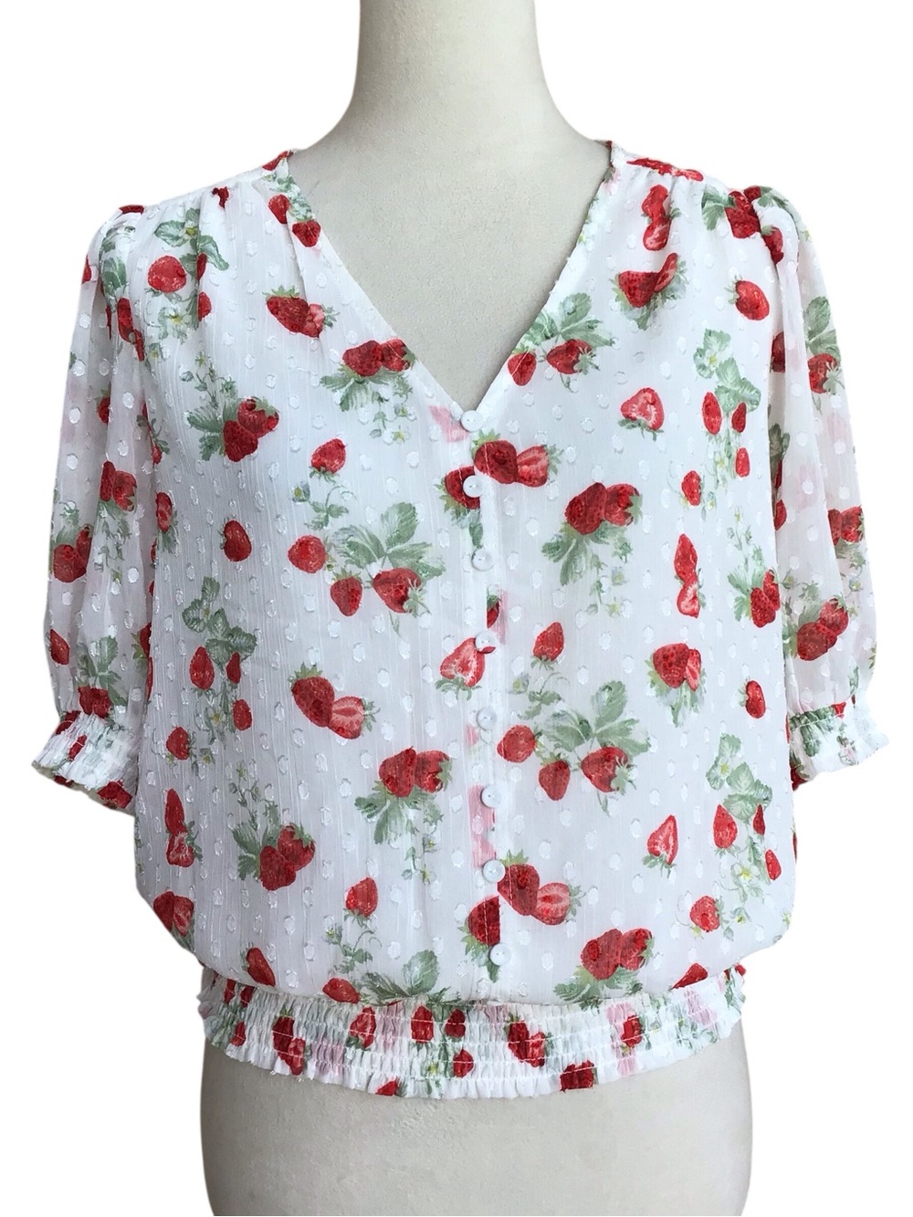 Joie Strawberry Print V-Neck Puff Sleeve Blouse NEW